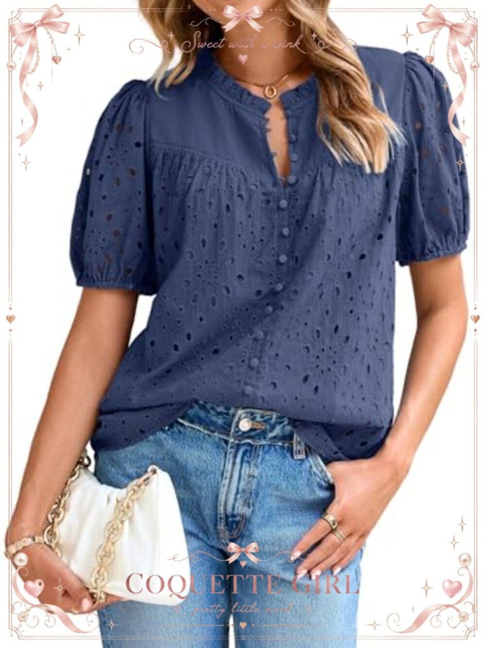 Womens Cotton Eyelet Embroidered Puff Sleeve Blouse Button Down Shirt
